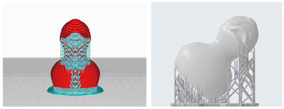 3D printed models showing support structures required